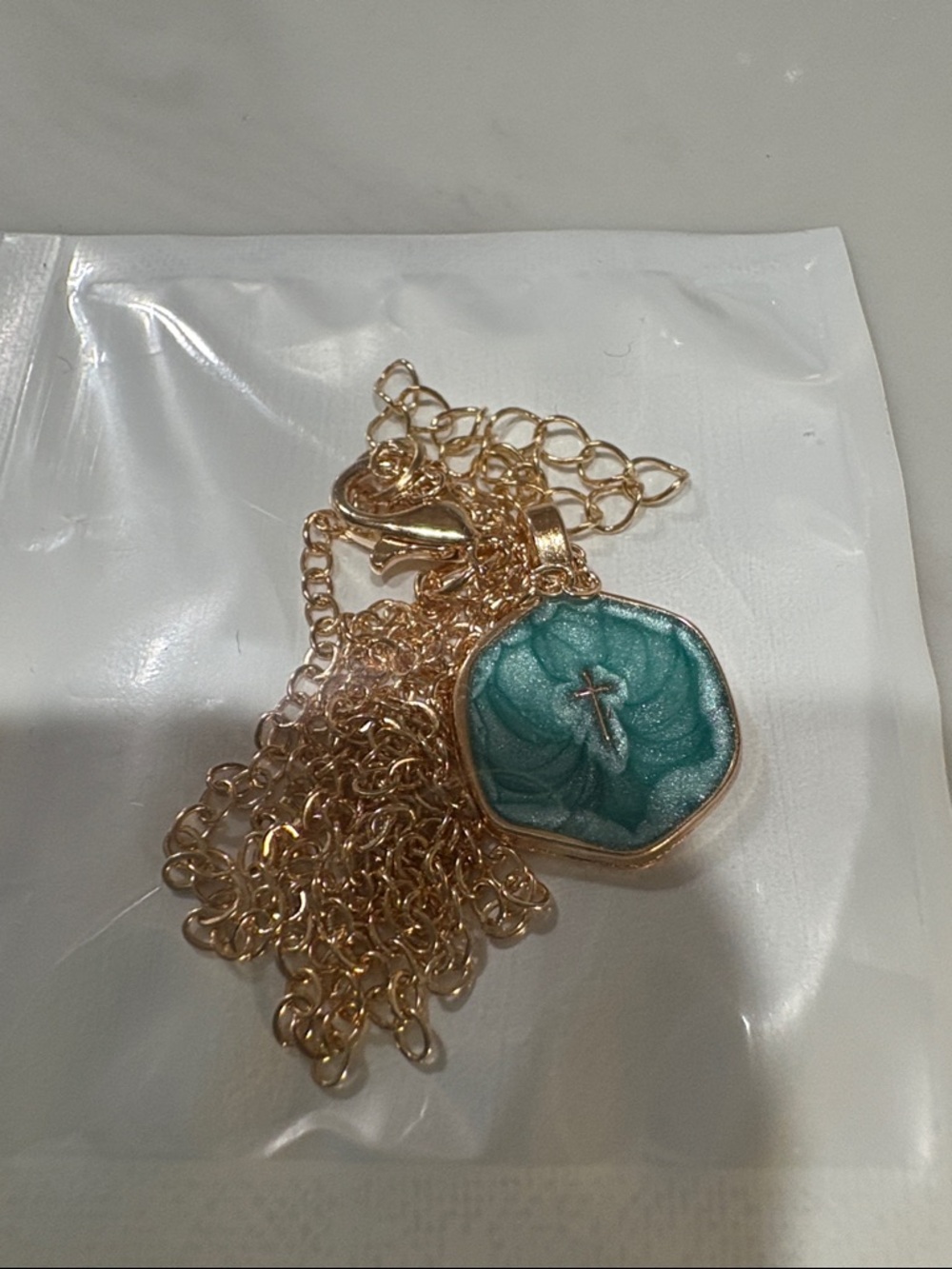 Gold Chain Necklace with Teal Resin Cross Pendant